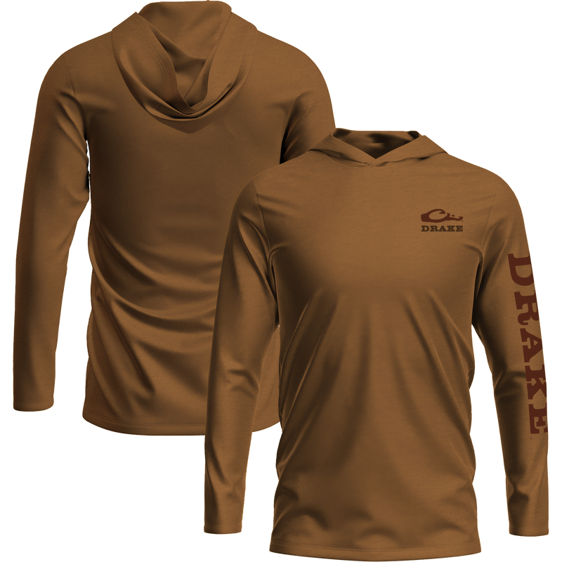 Drake Long Sleeve Logo Graphic Tee Hoodie, featuring an unconstructed hood with a logo on the front and sleeve, crafted for comfort with cotton-poly blend.