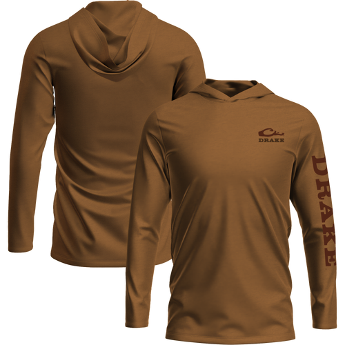 Drake Long Sleeve Logo Graphic Tee Hoodie, featuring an unconstructed hood with a logo on the front and sleeve, crafted for comfort with cotton-poly blend.
