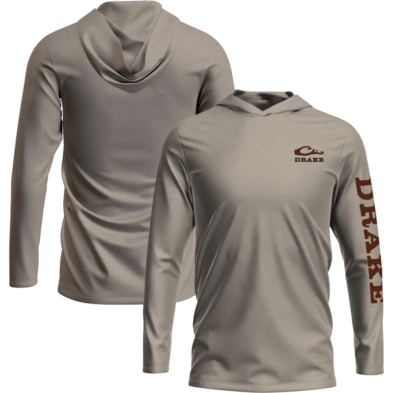 Logo Long Sleeve Hoodie T-Shirt with unconstructed hood, featuring Drake logo on front and sleeve; crafted from a soft 60% cotton, 40% polyester blend.