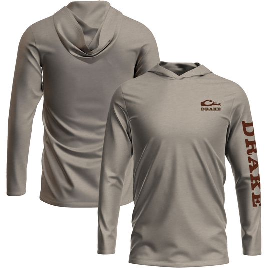 Logo Long Sleeve Hoodie T-Shirt with unconstructed hood, featuring Drake logo on front and sleeve; crafted from a soft 60% cotton, 40% polyester blend.