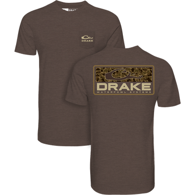 The Lifestyle Old School Bar T-Shirt in Chocolate Brown features the Drake Waterfowl Systems logo on the chest and a large Old School Camo duck head logo on the back. Front and back views shown.