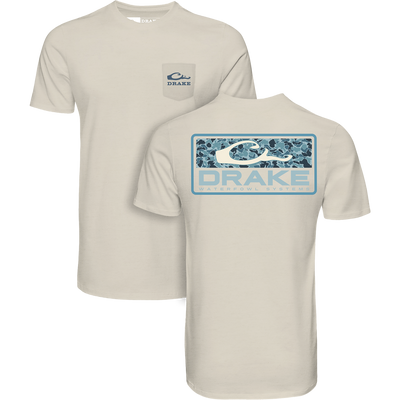 Two Turtle Dove cotton tees from Lifestyle feature an Old School Bar T-Shirt design: a small logo on the front pocket and a large blue camo-style logo with text on the back.