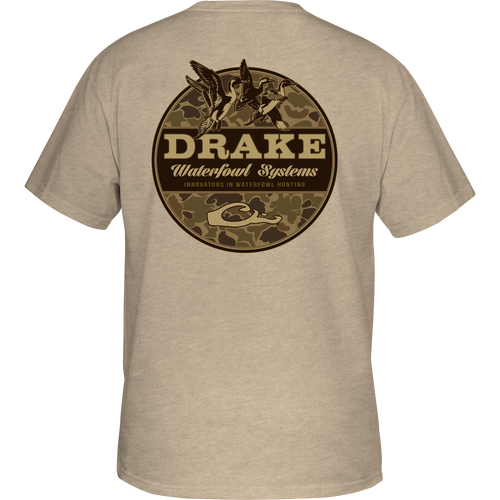 Back view of the Old School Circle T-Shirt featuring a Drake logo and flying ducks graphic, emphasizing the brand's hunting apparel theme.
