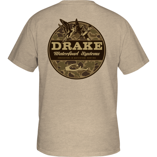 Back view of the Old School Circle T-Shirt featuring a Drake logo and flying ducks graphic, emphasizing the brand's hunting apparel theme.