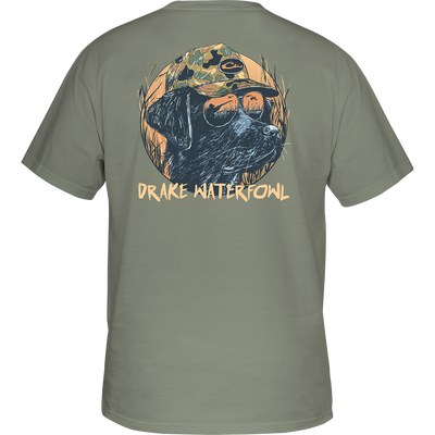 Pop Art Old School Lab T-Shirt with back view, featuring a dog wearing a hat and sunglasses, Drake logo on front chest pocket