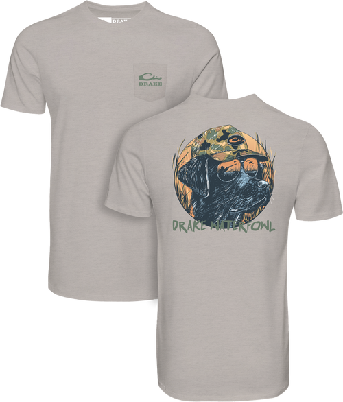 Pop Art Old School Lab T-Shirt featuring a chest pocket with Drake logo and back illustration of a retriever in sunglasses.