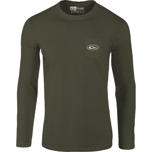Americana Badge Long Sleeve T-Shirt with front pocket featuring Drake logo and Americana badge graphic. Made from 60% cotton, 40% polyester for comfort.