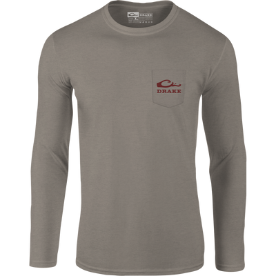 Sportin A Woodie Long Sleeve T-Shirt featuring front pocket Drake logo and back graphic, crafted from a soft cotton-polyester blend for comfort.