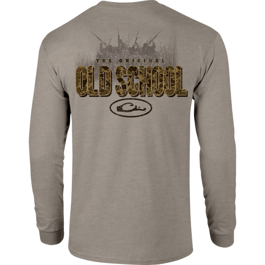 Old School Original Long Sleeve T-Shirt featuring a front pocket with the Drake logo and a large graphic on the back, offering softness and comfort.
