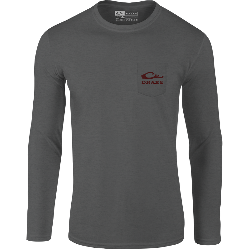 Americana Scenic Long Sleeve T-Shirt featuring a chest pocket with DRAKE logo, abstract Duck Flag graphic on back, crafted from a soft cotton-polyester blend.