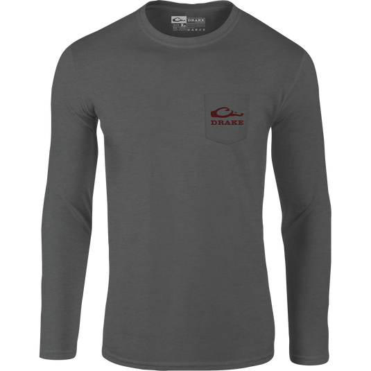 Americana Scenic Long Sleeve T-Shirt featuring a chest pocket with DRAKE logo, abstract Duck Flag graphic on back, crafted from a soft cotton-polyester blend.
