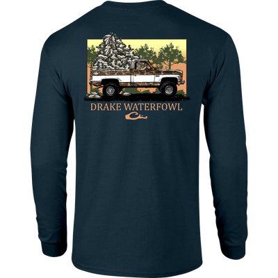 Decoy Overload Long Sleeve T-Shirt featuring Drake logo and Jimbo with Decoys graphic, crafted from a soft cotton-polyester blend for comfort and durability.