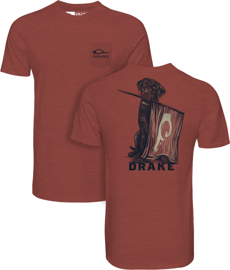 Lab Flag Bearer T-Shirt with pocket logo front and back illustration of a retriever holding a canoe paddle, crafted for comfort with a cotton-polyester blend.