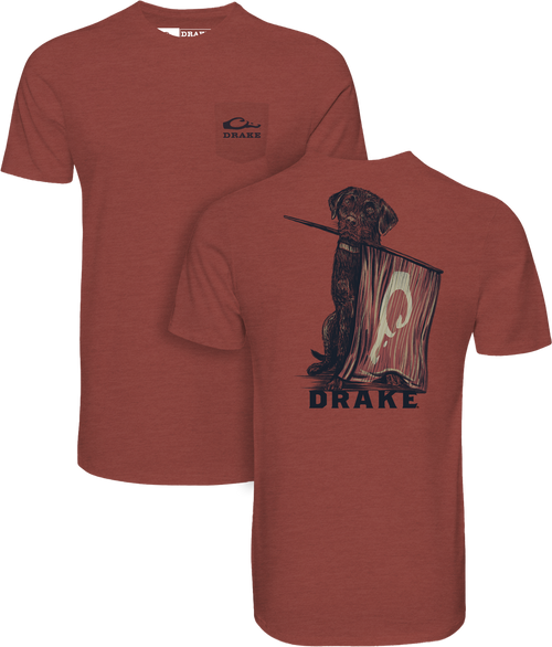 Lab Flag Bearer T-Shirt with pocket logo front and back illustration of a retriever holding a canoe paddle, crafted for comfort with a cotton-polyester blend.
