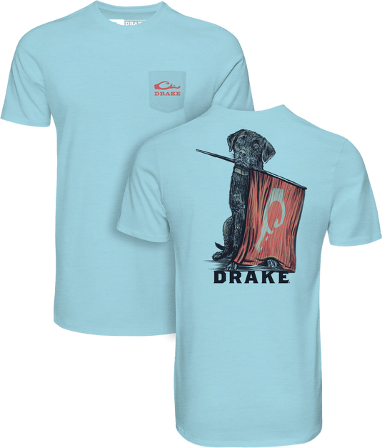 Lab Flag Bearer T-Shirt with front chest pocket featuring a red DRAKE logo, and back illustration of a Labrador holding a red banner.