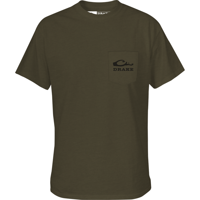 Old School Lab T-Shirt featuring a Drake logo on the front pocket and a graphic on the back, crafted from a soft cotton-polyester blend.