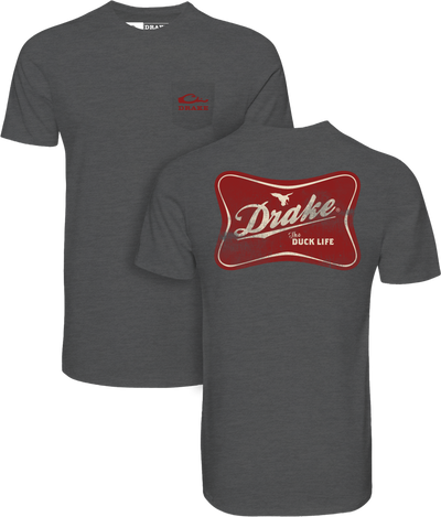 The Drake Life T-Shirt by Lifestyle in Graphite Heather features a red and white duck logo on the front pocket and a bold red “Drake the Duck Life” graphic with silhouette on the back.