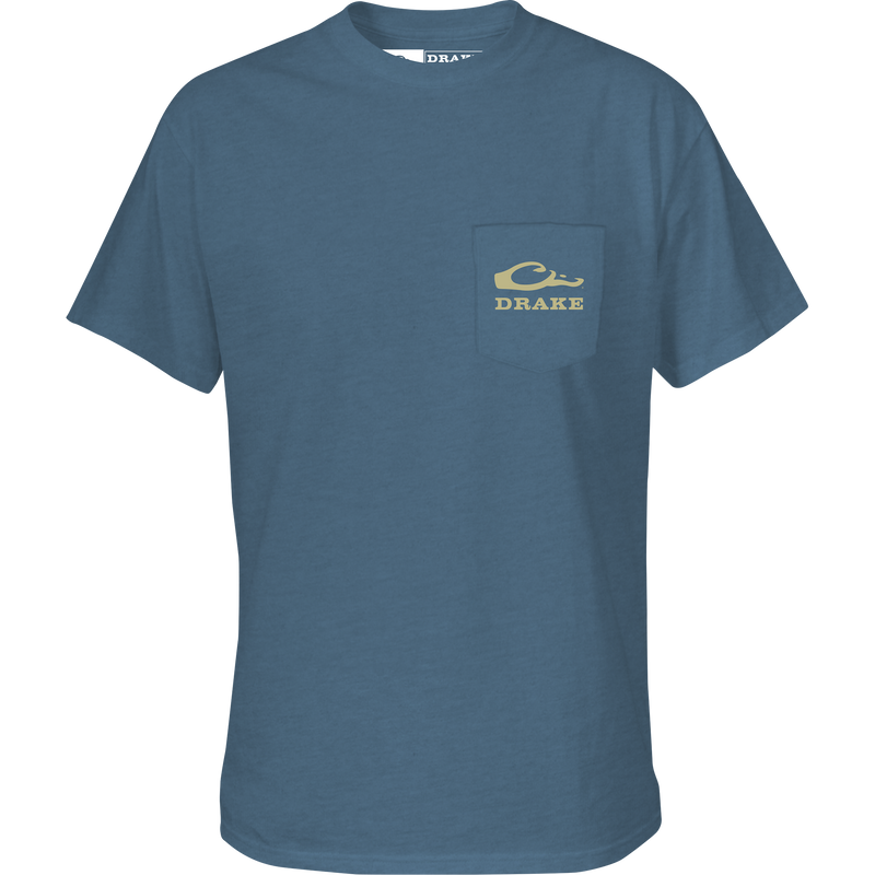 Drake Overlay T-Shirt features a front pocket with Drake logo, crafted from a soft cotton-polyester blend, part of the Drake Logo Series.