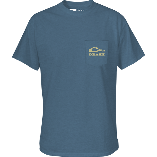 Drake Overlay T-Shirt features a front pocket with Drake logo, crafted from a soft cotton-polyester blend, part of the Drake Logo Series.