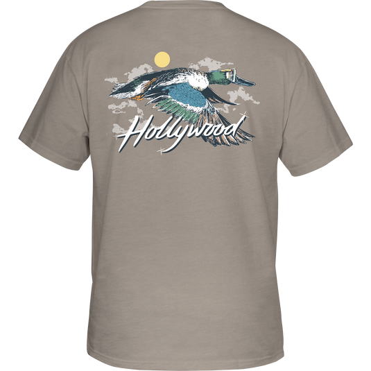 Hollywood T-Shirt featuring Drake logo on front pocket and Northern Shoveler graphic on the back, made from a soft cotton-polyester blend.