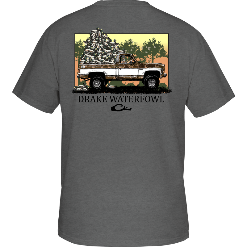 Decoy Overload T-Shirt featuring front pocket Drake logo and Jimbo with Decoys graphic on back, part of Drake Waterfowl's hunting-inspired casual apparel.