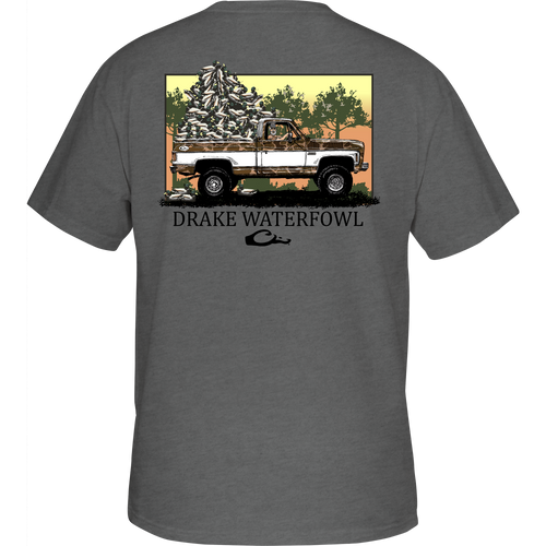 Decoy Overload T-Shirt featuring front pocket Drake logo and Jimbo with Decoys graphic on back, part of Drake Waterfowl's hunting-inspired casual apparel.