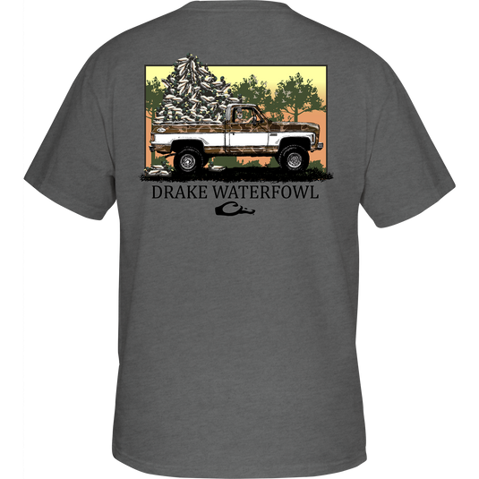 Decoy Overload T-Shirt featuring front pocket Drake logo and Jimbo with Decoys graphic on back, part of Drake Waterfowl's hunting-inspired casual apparel.