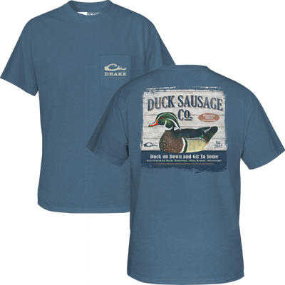Sale brand Duck Sausage T-Shirt in Blue Shadow with a small front logo and vintage-style Duck Sausage Co. graphic featuring a duck and text on the back.