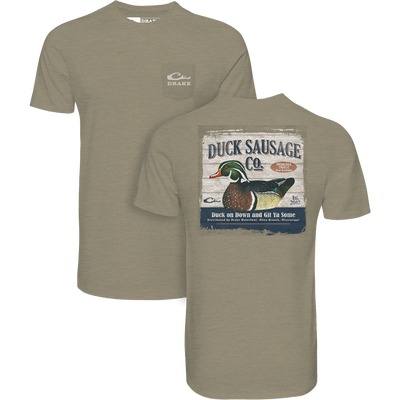The Duck Sausage T-Shirt by Sale in Kalamata Olive Light Heather features the classic Drake Duck Sausage logo on the front and a bold graphic plus slogan from the Snark Graphic Tee Series on the back.