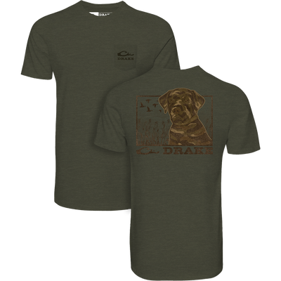 The Lifestyle Chocolate Lab T-Shirt in olive features a small Drake logo on the chest pocket and a large Labrador dog, birds, and DRAKE graphic on the back.