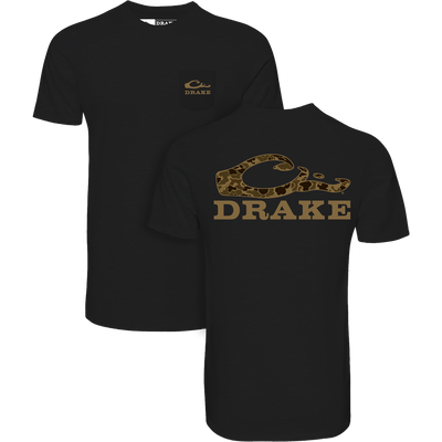 The Drake Stacked Logo Old School T-Shirt by Lifestyle features a small logo on the front left chest and a large camo logo with “Drake” in tan on the back. Lightweight, black, and perfect for hunting or casual wear.
