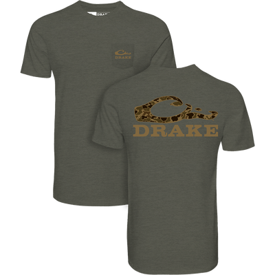 The Drake Stacked Logo Old School T-Shirt by Lifestyle features a Deep Depths Dark Heather color with stacked logos on front and back—classic Drake style from all angles.