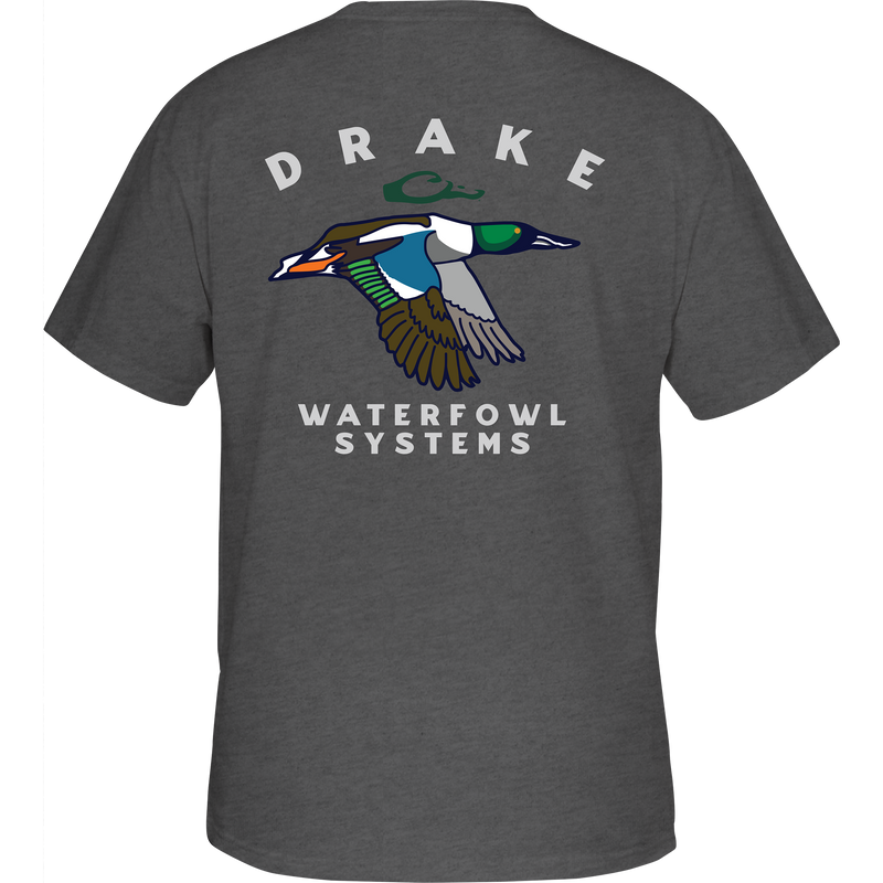 Retro Northern Shoveler T-Shirt's back features a flying duck graphic, highlighting the Drake Waterfowl's signature style in comfortable cotton-polyester blend.