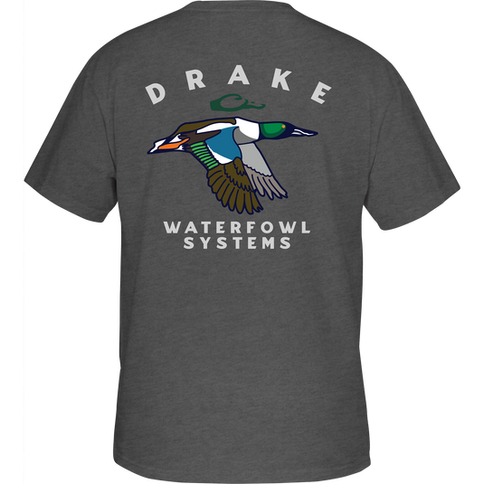 Retro Northern Shoveler T-Shirt's back features a flying duck graphic, highlighting the Drake Waterfowl's signature style in comfortable cotton-polyester blend.