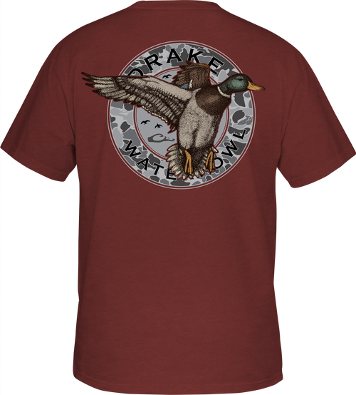 Circle Mallard T-Shirt featuring a Drake logo on the front pocket and a classic Mallard graphic on the back. Made of 60% cotton and 40% polyester for softness and comfort. From Drake Waterfowl.