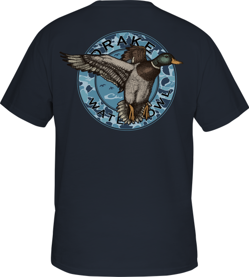Circle Mallard T-Shirt featuring a duck graphic on the back, Drake logo on the front pocket. 60% cotton, 40% polyester blend for comfort. From the Vintage Drakes Series by Drake Waterfowl.