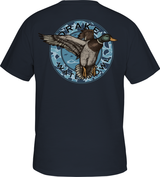 Circle Mallard T-Shirt featuring a duck graphic on the back, Drake logo on the front pocket. 60% cotton, 40% polyester blend for comfort. From the Vintage Drakes Series by Drake Waterfowl.