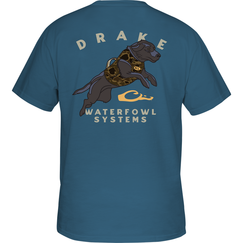 Retro Black Lab T-Shirt featuring a back graphic of a Black Lab in a vest, with a Drake logo on the front pocket.