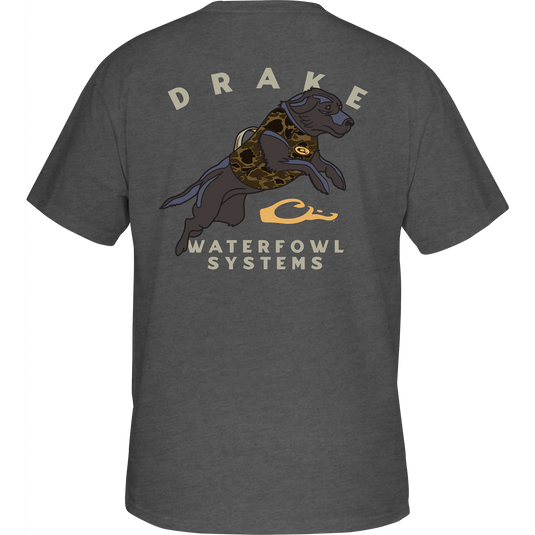 Retro Black Lab T-Shirt featuring a cartoon Black Lab graphic on the back, crafted from a soft cotton-polyester blend with a front Drake logo pocket.