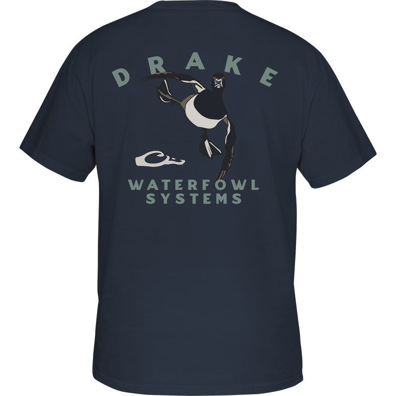 Retro Ringneck T-Shirt featuring a cartoon duck on the back, part of Drake Waterfowl's Retro Series, with a Drake logo on the front pocket.