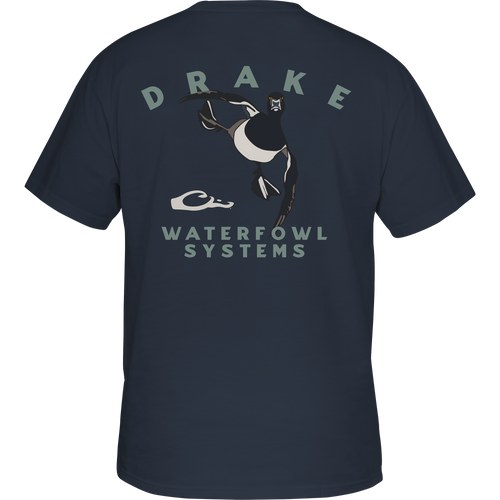 Retro Ringneck T-Shirt featuring a cartoon duck on the back, part of Drake Waterfowl's Retro Series, with a Drake logo on the front pocket.