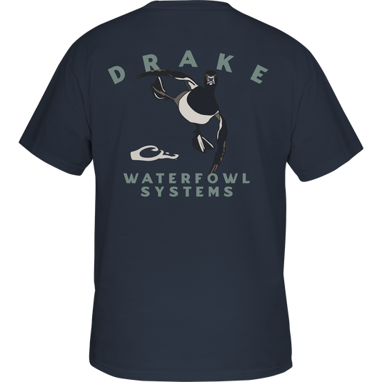 Retro Ringneck T-Shirt featuring a cartoon duck on the back, part of Drake Waterfowl's Retro Series, with a Drake logo on the front pocket.