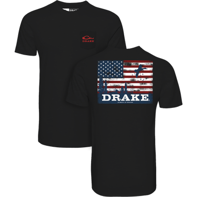Black Americana Scenic Flag T-Shirt by Lifestyle features a front Drake logo and back stylized American flag with flying duck and bold DRAKE lettering—classic Drake Waterfowl Graphic Tee style.