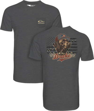 Blackout Lab Flag T-Shirt by Lifestyle in Graphite Heather, featuring a small Drake logo and a Black Lab American Flag graphic with stylized grass and Americana Drake Series red script on the back.