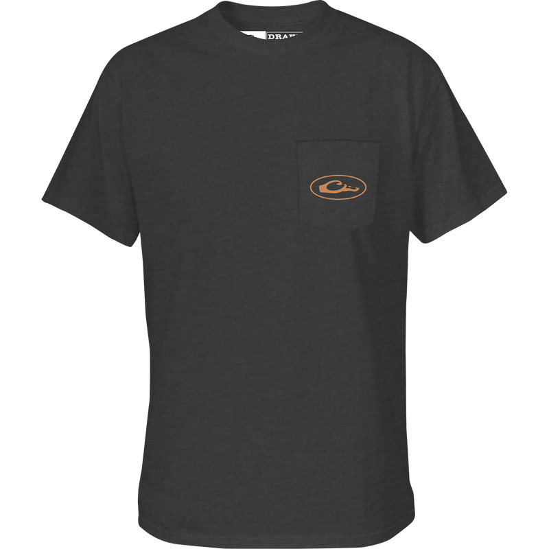 Pop Art Coonskin Cap Lab T-Shirt featuring a Drake logo on the front pocket and an abstract Black Lab graphic on the back.