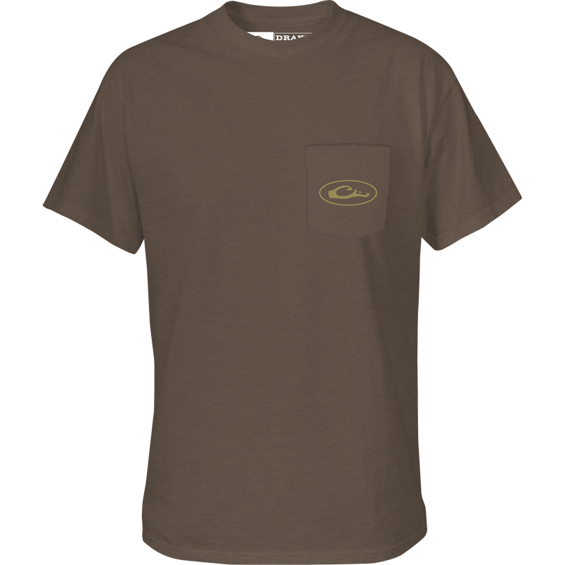 Vintage Decoy Stack T-Shirt featuring a front pocket with Drake logo, showcasing a vintage stack of decoys graphic on the back.