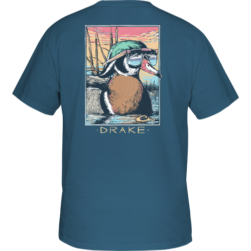 Pop Art Wood Duck Sunglasses T-Shirt featuring a cartoon duck with sunglasses and a hat, part of Drake Waterfowl's Ducks of Drake Series.