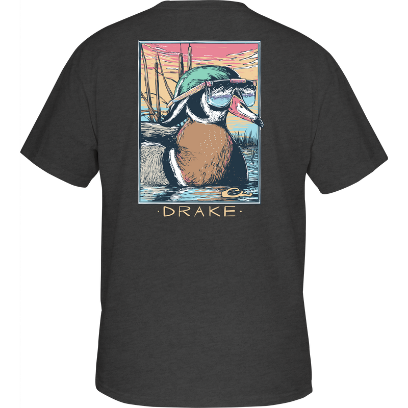 Pop Art Wood Duck Sunglasses T-Shirt featuring a cartoon duck in sunglasses on the back, part of Drake Waterfowl's Ducks of Drake Series.