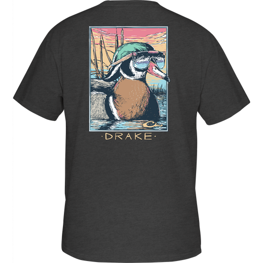Pop Art Wood Duck Sunglasses T-Shirt featuring a cartoon duck in sunglasses on the back, part of Drake Waterfowl's Ducks of Drake Series.
