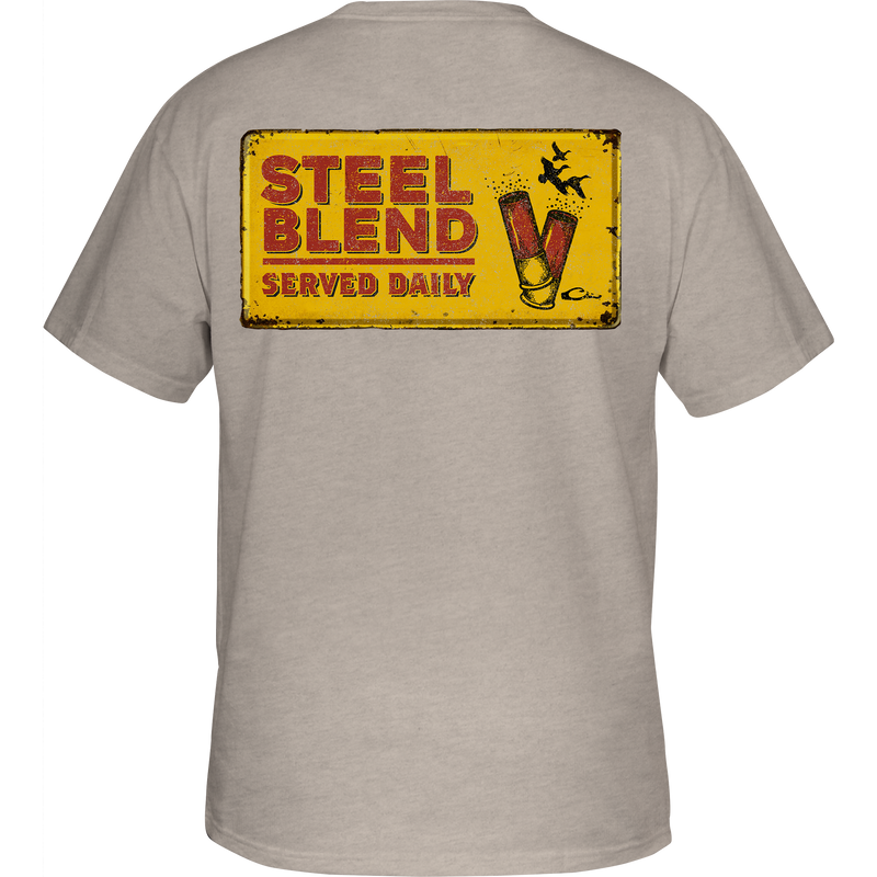 Steel Blend T-Shirt with a back graphic of shells on a distressed metal sign, featuring a Drake logo pocket on the front.